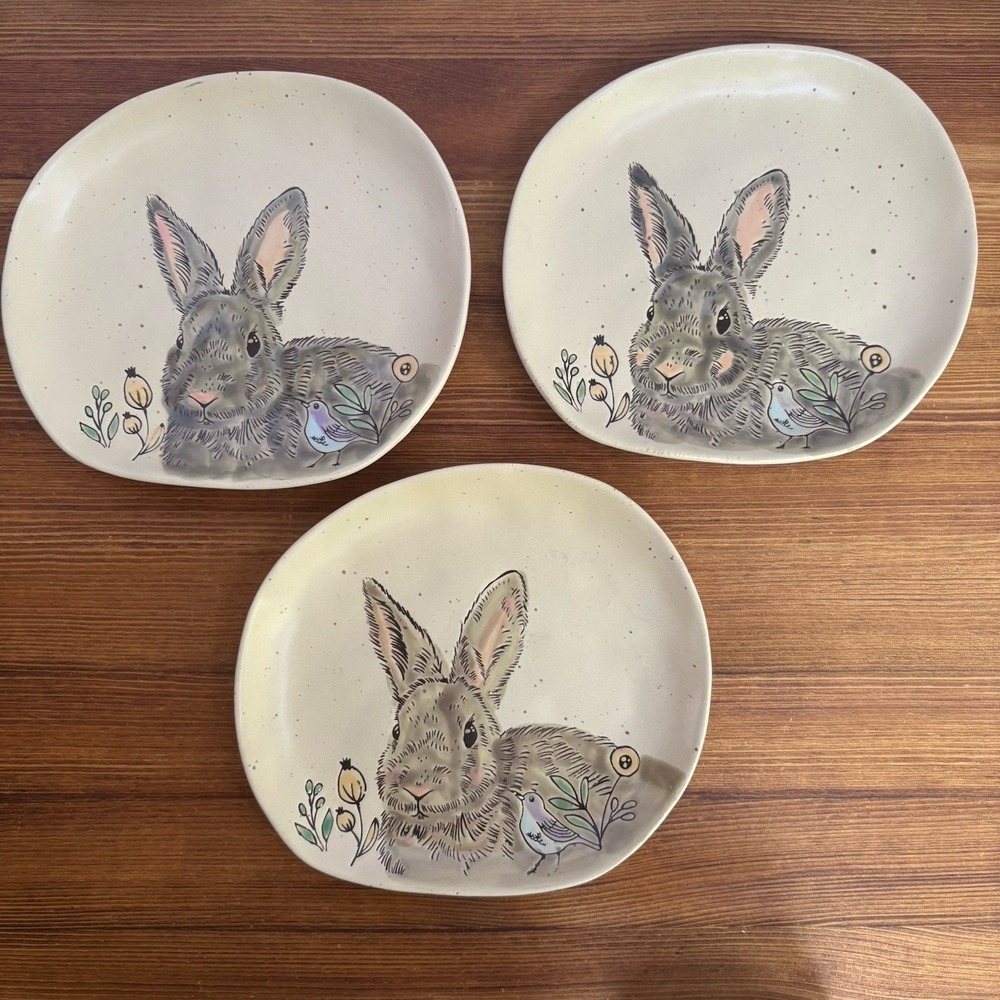 Set of 3 HomeStyle Bunny Rabbit‎ Stoneware Salad Dessert Plates Easter 8.5 Inch
